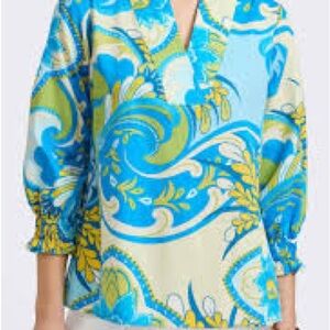 Foxcroft Blue, Yellow & Green Paisley V-Neck Blouse 100%cotton